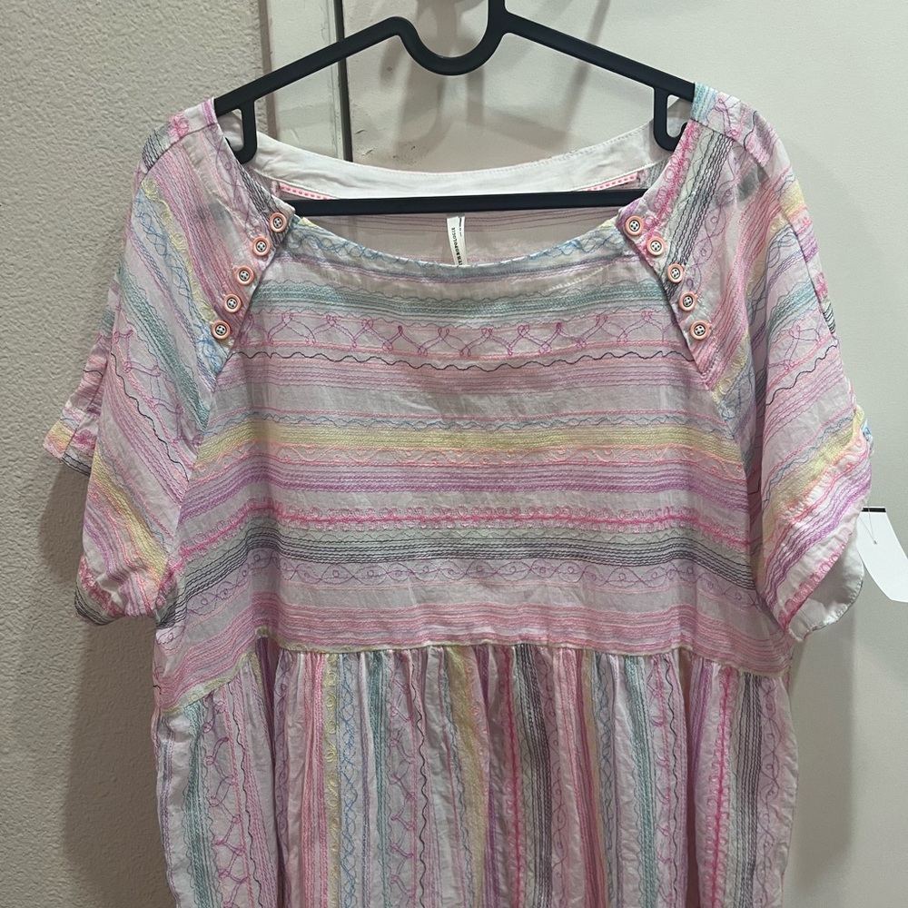 Anthropologie Pastel Striped Pink Multi-Color Peasant Blouse